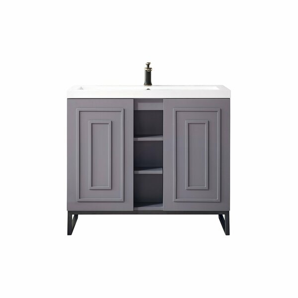 James Martin Vanities Alicante 39.5in Single Vanity, Gray Smoke, Matte Black w/ White Glossy Composite Stone Top E110V39.5GSMMBKWG